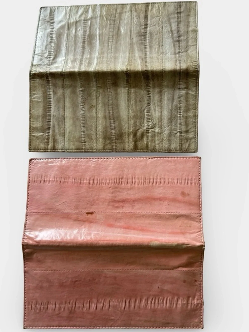 Lot 2 Vintage Eel Skin Long Billfold Wallet Pink Taupe 1980s Checkbook Cover